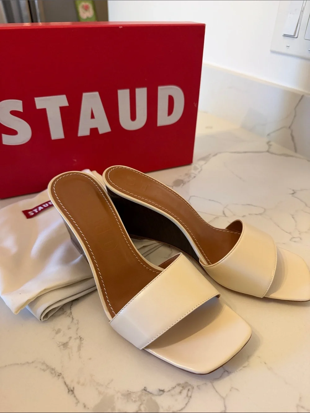 New in box! STAUD Billie Wedge Sandals in Cream and Wood